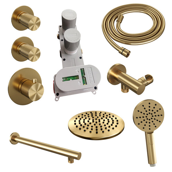 Brauer Brauer Gold Carving Regendoucheset: Thermostatische Inbouwkraan met Stopkranen, Rechte Wandarm, Douchekop 20cm, Wandhouder met Wateruitlaat, 3-Standen Handdouche & Doucheslang - Set 7 - Geribbeld Draaiknoppen - PVD - Geborsteld Goud