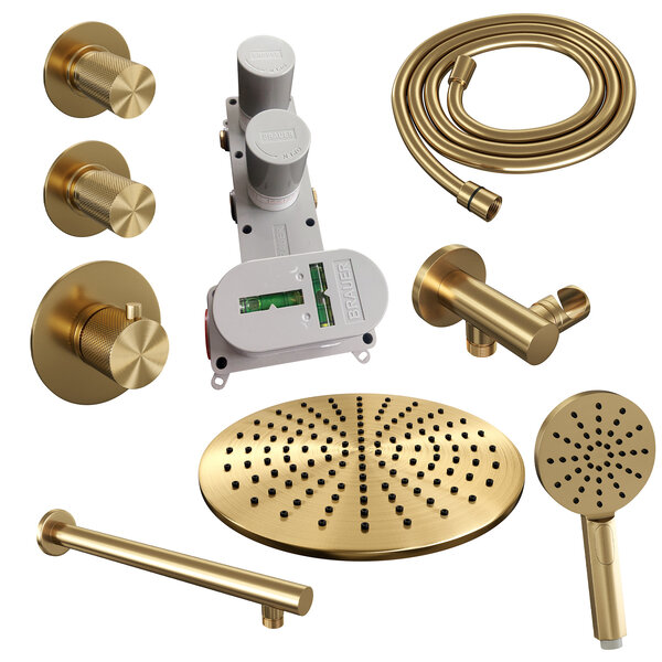 Brauer Brauer Gold Carving Regendoucheset: Thermostatische Inbouwkraan met Stopkranen, Rechte Wandarm, Douchekop Ø30cm, Wandhouder met Wateruitlaat, 3-Standen Handdouche & Doucheslang - Set 8 - Geribbeld Draaiknoppen - PVD - Geborsteld Goud