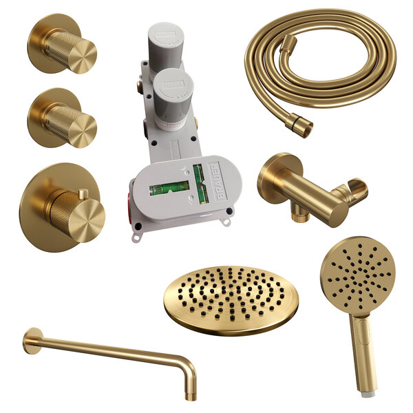 Brauer Brauer Gold Carving Regendoucheset: Thermostatische Inbouwkraan met Stopkranen, Gebogen Wandarm, Douchekop Ø20cm, Wandhouder met Wateruitlaat, 3-Standen Handdouche & Doucheslang - Set 9 - Geribbeld Draaiknoppen - PVD - Geborsteld Goud