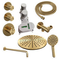 Brauer Brauer Gold Carving Regendoucheset: Thermostatische Inbouwkraan met Stopkranen, Gebogen Wandarm, Douchekop 30cm, Wandhouder met Wateruitlaat, 3-Standen Handdouche & Doucheslang - Set 10 - Geribbeld Draaiknoppen - PVD - Geborsteld Goud