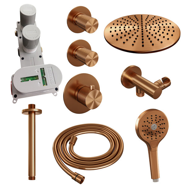 Brauer Brauer Copper Carving Regendoucheset: Thermostatische Inbouwkraan met Stopkranen, Plafondarm, Douchekop 30cm, Wandhouder met Wateruitlaat, 3-Standen Handdouche & Doucheslang - Set 12 - Geribbeld Draaiknoppen - PVD - Geborsteld Koper