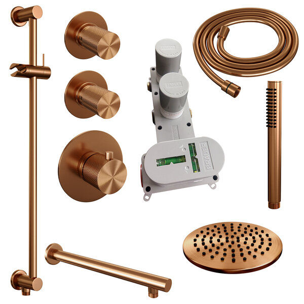 Brauer Brauer Copper Carving Regendoucheset: Thermostatische Inbouwkraan met Stopkranen, Rechte Wandarm, Douchekop 20cm, Glijstang met Wateruitlaat, Staafhanddouche & Doucheslang - Set 13 - Geribbeld Draaiknoppen - PVD - Geborsteld Koper
