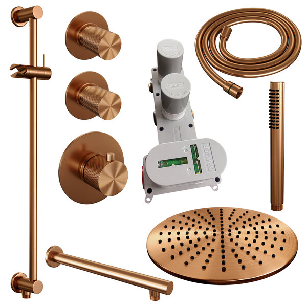 Brauer Brauer Copper Carving Regendoucheset: Thermostatische Inbouwkraan met Stopkranen, Rechte Wandarm, Douchekop Ø30cm, Glijstang met Wateruitlaat, Staafhanddouche & Doucheslang - Set 14 - Geribbeld Draaiknoppen - PVD - Geborsteld Koper