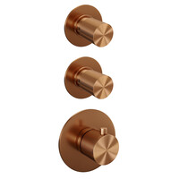 Brauer Brauer Copper Carving Regendoucheset: Thermostatische Inbouwkraan met Stopkranen, Gebogen Wandarm, Douchekop 20cm, Glijstang met Wateruitlaat, Staafhanddouche & Doucheslang - Set 15 - Geribbeld Draaiknoppen - PVD - Geborsteld Koper