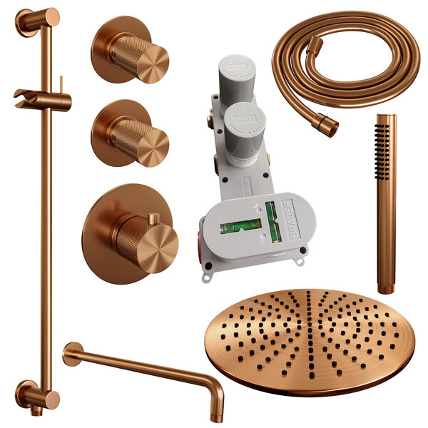 Brauer Brauer Copper Carving Regendoucheset: Thermostatische Inbouwkraan met Stopkranen, Gebogen Wandarm, Douchekop Ø30cm, Glijstang met Wateruitlaat, Staafhanddouche & Doucheslang - Set 16 - Geribbeld Draaiknoppen - PVD - Geborsteld Koper