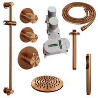 Brauer Brauer Copper Carving Regendoucheset: Thermostatische Inbouwkraan met Stopkranen, Plafondarm, Douchekop 20cm, Glijstang met Wateruitlaat, Staafhanddouche & Doucheslang - Set 17 - Geribbeld Draaiknoppen - PVD - Geborsteld Koper