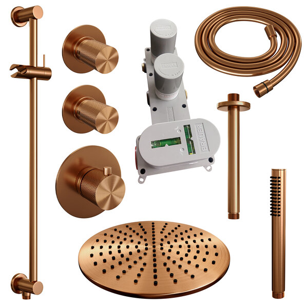 Brauer Brauer Copper Carving Regendoucheset: Thermostatische Inbouwkraan met Stopkranen, Plafondarm, Douchekop 30cm, Glijstang met Wateruitlaat, Staafhanddouche & Doucheslang - Set 18 - Geribbeld Draaiknoppen - PVD - Geborsteld Koper