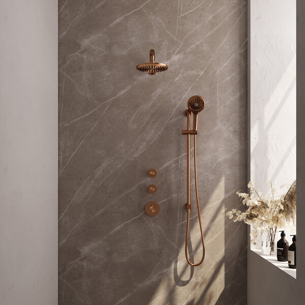 Brauer Brauer Copper Carving Regendoucheset: Thermostatische Inbouwkraan met Stopkranen, Rechte Wandarm, Douchekop 20cm, Glijstang met Wateruitlaat, 3-Standen Handdouche & Doucheslang - Set 19 - Geribbeld Draaiknoppen - PVD - Geborsteld Koper