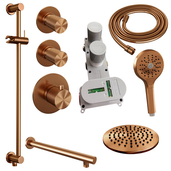 Brauer Brauer Copper Carving Regendoucheset: Thermostatische Inbouwkraan met Stopkranen, Rechte Wandarm, Douchekop 20cm, Glijstang met Wateruitlaat, 3-Standen Handdouche & Doucheslang - Set 19 - Geribbeld Draaiknoppen - PVD - Geborsteld Koper