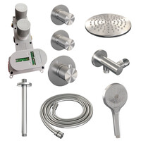 Brauer Brauer Brushed Carving Regendoucheset: Thermostatische Inbouwkraan met Stopkranen, Plafondarm, Douchekop 20cm, Wandhouder met Wateruitlaat, 3-Standen Handdouche & Doucheslang - Set 11 - Geribbeld Draaiknoppen - PVD - Geborsteld RVS