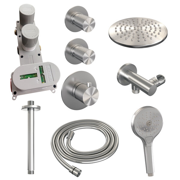 Brauer Brauer Brushed Carving Regendoucheset: Thermostatische Inbouwkraan met Stopkranen, Plafondarm, Douchekop 20cm, Wandhouder met Wateruitlaat, 3-Standen Handdouche & Doucheslang - Set 11 - Geribbeld Draaiknoppen - PVD - Geborsteld RVS