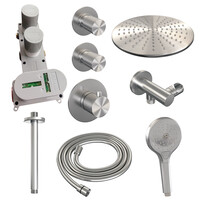 Brauer Brauer Brushed Carving Regendoucheset: Thermostatische Inbouwkraan met Stopkranen, Plafondarm, Douchekop 30cm, Wandhouder met Wateruitlaat, 3-Standen Handdouche & Doucheslang - Set 12 - Geribbeld Draaiknoppen - PVD - Geborsteld RVS