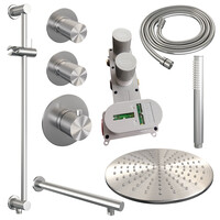 Brauer Brauer Brushed Carving Regendoucheset: Thermostatische Inbouwkraan met Stopkranen, Rechte Wandarm, Douchekop 30cm, Glijstang met Wateruitlaat, Staafhanddouche & Doucheslang - Set 14 - Geribbeld Draaiknoppen - PVD - Geborsteld RVS