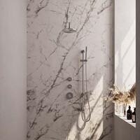 Brauer Brauer Brushed Carving Regendoucheset: Thermostatische Inbouwkraan met Stopkranen, Gebogen Wandarm, Douchekop 20cm, Glijstang met Wateruitlaat, Staafhanddouche & Doucheslang - Set 15 - Geribbeld Draaiknoppen - PVD - Geborsteld RVS
