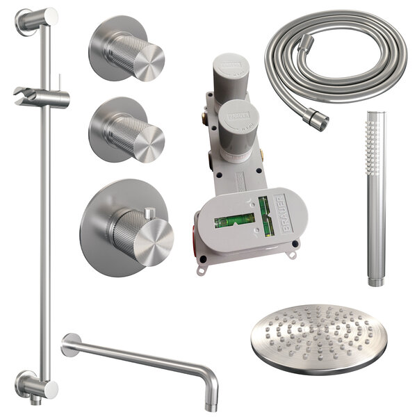 Brauer Brauer Brushed Carving Regendoucheset: Thermostatische Inbouwkraan met Stopkranen, Gebogen Wandarm, Douchekop 20cm, Glijstang met Wateruitlaat, Staafhanddouche & Doucheslang - Set 15 - Geribbeld Draaiknoppen - PVD - Geborsteld RVS