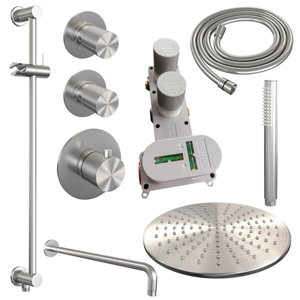 Brauer Brauer Brushed Carving Regendoucheset: Thermostatische Inbouwkraan met Stopkranen, Gebogen Wandarm, Douchekop 30cm, Glijstang met Wateruitlaat, Staafhanddouche & Doucheslang - Set 16 - Geribbeld Draaiknoppen - PVD - Geborsteld RVS