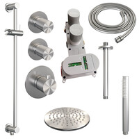 Brauer Brauer Brushed Carving Regendoucheset: Thermostatische Inbouwkraan met Stopkranen, Plafondarm, Douchekop 20cm, Glijstang met Wateruitlaat, Staafhanddouche & Doucheslang - Set 17 - Geribbeld Draaiknoppen - PVD - Geborsteld RVS