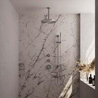 Brauer Brauer Brushed Carving Regendoucheset: Thermostatische Inbouwkraan met Stopkranen, Plafondarm, Douchekop 30cm, Glijstang met Wateruitlaat, Staafhanddouche & Doucheslang - Set 18 - Geribbeld Draaiknoppen - PVD - Geborsteld RVS