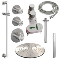 Brauer Brauer Brushed Carving Regendoucheset: Thermostatische Inbouwkraan met Stopkranen, Plafondarm, Douchekop 30cm, Glijstang met Wateruitlaat, Staafhanddouche & Doucheslang - Set 18 - Geribbeld Draaiknoppen - PVD - Geborsteld RVS