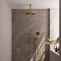 Brauer Brauer Gold Carving Regendoucheset: Thermostatische Inbouwkraan met Stopkranen, Plafondarm, Douchekop 30cm, Wandhouder met Wateruitlaat, 3-Standen Handdouche & Doucheslang - Set 12 - Geribbeld Draaiknoppen - PVD - Geborsteld Goud