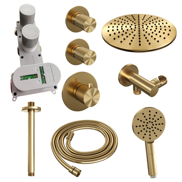 Brauer Brauer Gold Carving Regendoucheset: Thermostatische Inbouwkraan met Stopkranen, Plafondarm, Douchekop 30cm, Wandhouder met Wateruitlaat, 3-Standen Handdouche & Doucheslang - Set 12 - Geribbeld Draaiknoppen - PVD - Geborsteld Goud
