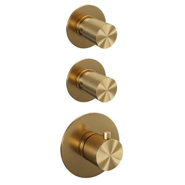 Brauer Brauer Gold Carving Regendoucheset: Thermostatische Inbouwkraan met Stopkranen, Rechte Wandarm, Douchekop 30cm, Glijstang met Wateruitlaat, Staafhanddouche & Doucheslang - Set 14 - Geribbeld Draaiknoppen - PVD - Geborsteld Goud