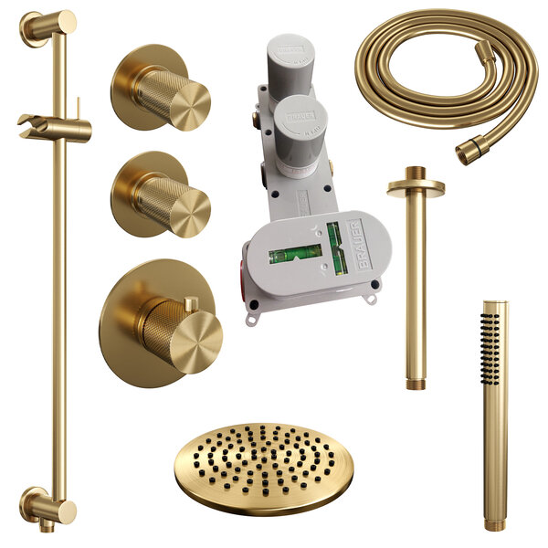 Brauer Brauer Gold Carving Regendoucheset: Thermostatische Inbouwkraan met Stopkranen, Plafondarm, Douchekop Ø20cm, Glijstang met Wateruitlaat, Staafhanddouche & Doucheslang - Set 17 - Geribbeld Draaiknoppen - PVD - Geborsteld Goud