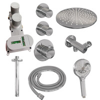 Brauer Brauer Chrome Carving Regendoucheset: Thermostatische Inbouwkraan met Stopkranen, Plafondarm, Douchekop 30cm, Wandhouder met Wateruitlaat, 3-Standen Handdouche & Doucheslang - Set 12 - Geribbeld Draaiknoppen - Chroom
