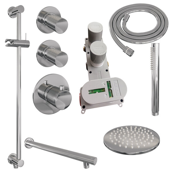 Brauer Brauer Chrome Carving Regendoucheset: Thermostatische Inbouwkraan met Stopkranen, Rechte Wandarm, Douchekop 20cm, Glijstang met Wateruitlaat, Staafhanddouche & Doucheslang - Set 13 - Geribbeld Draaiknoppen - Chroom
