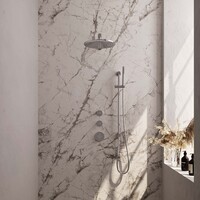 Brauer Brauer Chrome Carving Regendoucheset: Thermostatische Inbouwkraan met Stopkranen, Rechte Wandarm, Douchekop 30cm, Glijstang met Wateruitlaat, Staafhanddouche & Doucheslang - Set 14 - Geribbeld Draaiknoppen - Chroom