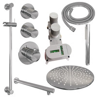 Brauer Brauer Chrome Carving Regendoucheset: Thermostatische Inbouwkraan met Stopkranen, Rechte Wandarm, Douchekop 30cm, Glijstang met Wateruitlaat, Staafhanddouche & Doucheslang - Set 14 - Geribbeld Draaiknoppen - Chroom