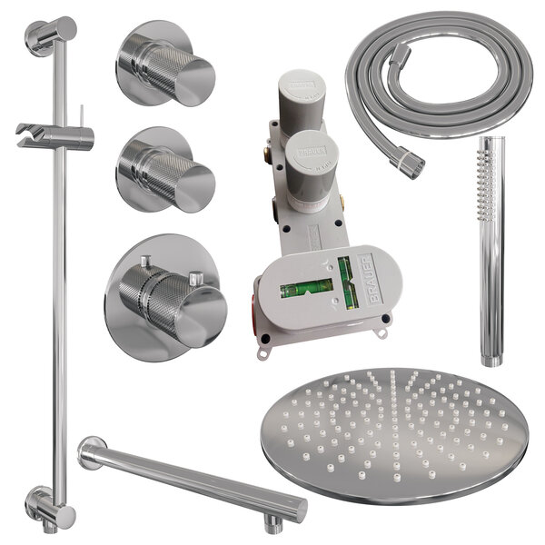 Brauer Brauer Chrome Carving Regendoucheset: Thermostatische Inbouwkraan met Stopkranen, Rechte Wandarm, Douchekop 30cm, Glijstang met Wateruitlaat, Staafhanddouche & Doucheslang - Set 14 - Geribbeld Draaiknoppen - Chroom