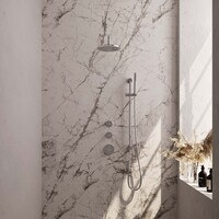 Brauer Brauer Chrome Carving Regendoucheset: Thermostatische Inbouwkraan met Stopkranen, Gebogen Wandarm, Douchekop 20cm, Glijstang met Wateruitlaat, Staafhanddouche & Doucheslang - Set 15 - Geribbeld Draaiknoppen - Chroom