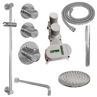 Brauer Brauer Chrome Carving Regendoucheset: Thermostatische Inbouwkraan met Stopkranen, Gebogen Wandarm, Douchekop 20cm, Glijstang met Wateruitlaat, Staafhanddouche & Doucheslang - Set 15 - Geribbeld Draaiknoppen - Chroom