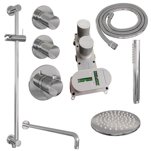 Brauer Brauer Chrome Carving Regendoucheset: Thermostatische Inbouwkraan met Stopkranen, Gebogen Wandarm, Douchekop Ø20cm, Glijstang met Wateruitlaat, Staafhanddouche & Doucheslang - Set 15 - Geribbeld Draaiknoppen - Chroom