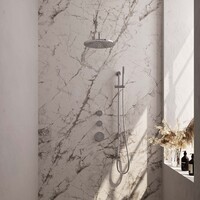 Brauer Brauer Chrome Carving Regendoucheset: Thermostatische Inbouwkraan met Stopkranen, Gebogen Wandarm, Douchekop 30cm, Glijstang met Wateruitlaat, Staafhanddouche & Doucheslang - Set 16 - Geribbeld Draaiknoppen - Chroom