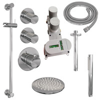 Brauer Brauer Chrome Carving Regendoucheset: Thermostatische Inbouwkraan met Stopkranen, Plafondarm, Douchekop 20cm, Glijstang met Wateruitlaat, Staafhanddouche & Doucheslang - Set 17 - Geribbeld Draaiknoppen - Chroom