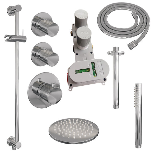 Brauer Brauer Chrome Carving Regendoucheset: Thermostatische Inbouwkraan met Stopkranen, Plafondarm, Douchekop 20cm, Glijstang met Wateruitlaat, Staafhanddouche & Doucheslang - Set 17 - Geribbeld Draaiknoppen - Chroom