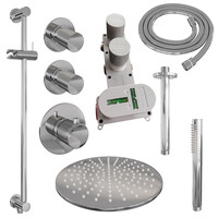 Brauer Brauer Chrome Carving Regendoucheset: Thermostatische Inbouwkraan met Stopkranen, Plafondarm, Douchekop 30cm, Glijstang met Wateruitlaat, Staafhanddouche & Doucheslang - Set 18 - Geribbeld Draaiknoppen - Chroom