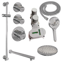 Brauer Brauer Chrome Carving Regendoucheset: Thermostatische Inbouwkraan met Stopkranen, Rechte Wandarm, Douchekop 20cm, Glijstang met Wateruitlaat, 3-Standen Handdouche & Doucheslang - Set 19 - Geribbeld Draaiknoppen - Chroom