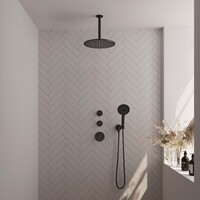 Brauer Brauer Black Carving Regendoucheset: Thermostatische Inbouwkraan met Stopkranen, Plafondarm, Douchekop 30cm, Wandhouder met Wateruitlaat, 3-Standen Handdouche & Doucheslang - Set 12 - Geribbeld Draaiknoppen - Mat Zwart