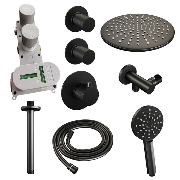 Brauer Brauer Black Carving Regendoucheset: Thermostatische Inbouwkraan met Stopkranen, Plafondarm, Douchekop 30cm, Wandhouder met Wateruitlaat, 3-Standen Handdouche & Doucheslang - Set 12 - Geribbeld Draaiknoppen - Mat Zwart