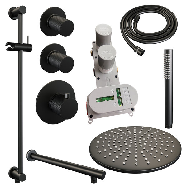 Brauer Brauer Black Carving Regendoucheset: Thermostatische Inbouwkraan met Stopkranen, Rechte Wandarm, Douchekop 30cm, Glijstang met Wateruitlaat, Staafhanddouche & Doucheslang - Set 14 - Geribbeld Draaiknoppen - Mat Zwart