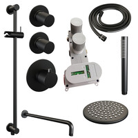 Brauer Brauer Black Carving Regendoucheset: Thermostatische Inbouwkraan met Stopkranen, Gebogen Wandarm, Douchekop 20cm, Glijstang met Wateruitlaat, Staafhanddouche & Doucheslang - Set 15 - Geribbeld Draaiknoppen - Mat Zwart
