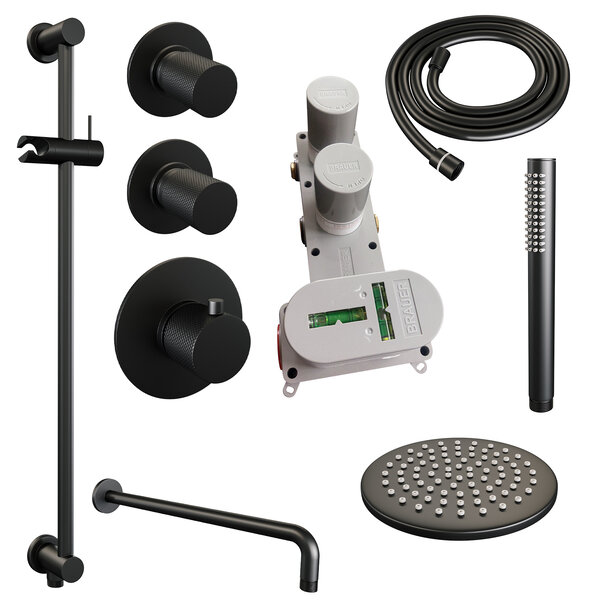 Brauer Brauer Black Carving Regendoucheset: Thermostatische Inbouwkraan met Stopkranen, Gebogen Wandarm, Douchekop 20cm, Glijstang met Wateruitlaat, Staafhanddouche & Doucheslang - Set 15 - Geribbeld Draaiknoppen - Mat Zwart