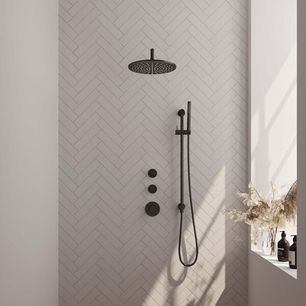 Brauer Brauer Black Carving Regendoucheset: Thermostatische Inbouwkraan met Stopkranen, Gebogen Wandarm, Douchekop 30cm, Glijstang met Wateruitlaat, Staafhanddouche & Doucheslang - Set 16 - Geribbeld Draaiknoppen - Mat Zwart