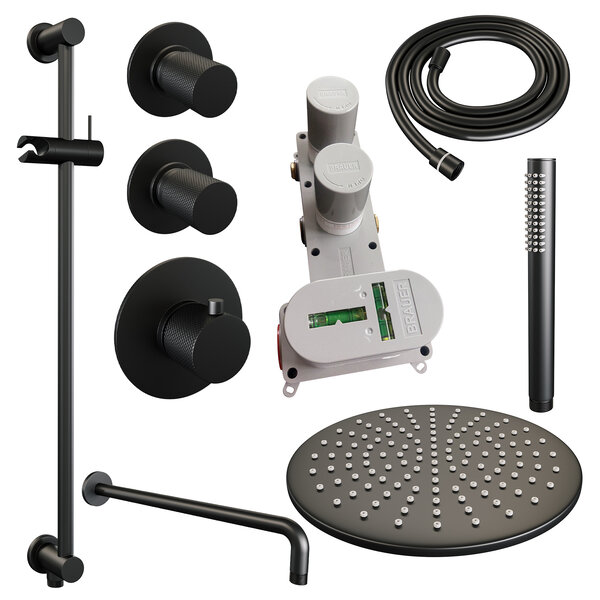 Brauer Brauer Black Carving Regendoucheset: Thermostatische Inbouwkraan met Stopkranen, Gebogen Wandarm, Douchekop 30cm, Glijstang met Wateruitlaat, Staafhanddouche & Doucheslang - Set 16 - Geribbeld Draaiknoppen - Mat Zwart