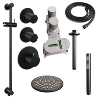 Brauer Brauer Black Carving Regendoucheset: Thermostatische Inbouwkraan met Stopkranen, Plafondarm, Douchekop 20cm, Glijstang met Wateruitlaat, Staafhanddouche & Doucheslang - Set 17 - Geribbeld Draaiknoppen - Mat Zwart