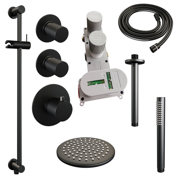 Brauer Brauer Black Carving Regendoucheset: Thermostatische Inbouwkraan met Stopkranen, Plafondarm, Douchekop 20cm, Glijstang met Wateruitlaat, Staafhanddouche & Doucheslang - Set 17 - Geribbeld Draaiknoppen - Mat Zwart