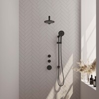 Brauer Brauer Black Carving Regendoucheset: Thermostatische Inbouwkraan met Stopkranen, Rechte Wandarm, Douchekop 20cm, Glijstang met Wateruitlaat, 3-Standen Handdouche & Doucheslang - Set 19 - Geribbeld Draaiknoppen - Mat Zwart